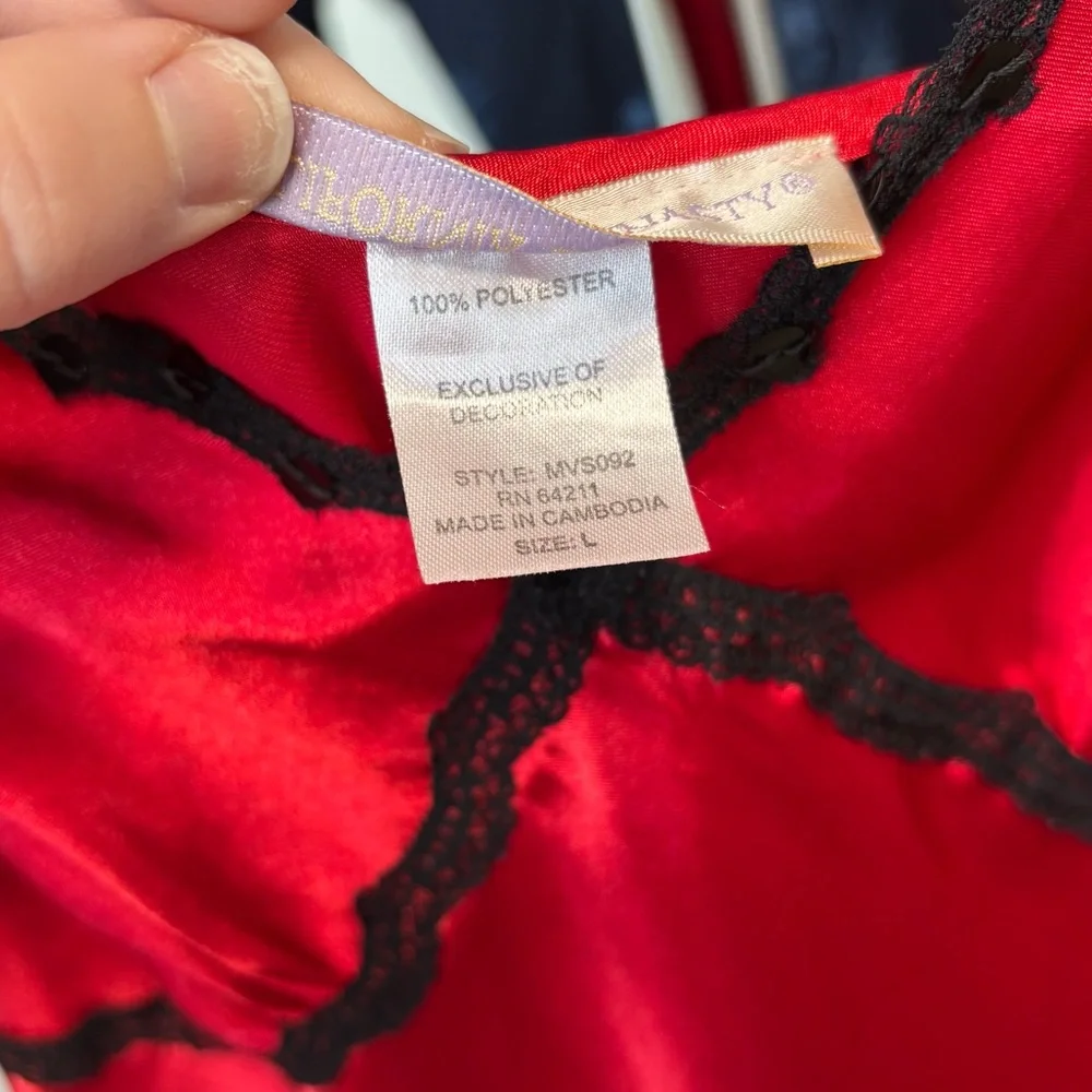 vtg California Dynasty red satin slip dress with lacey trim size large
